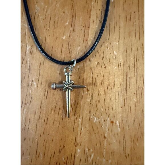 Spike Nail Cross Necklace with Leather cord 21" - Picture 3 of 5